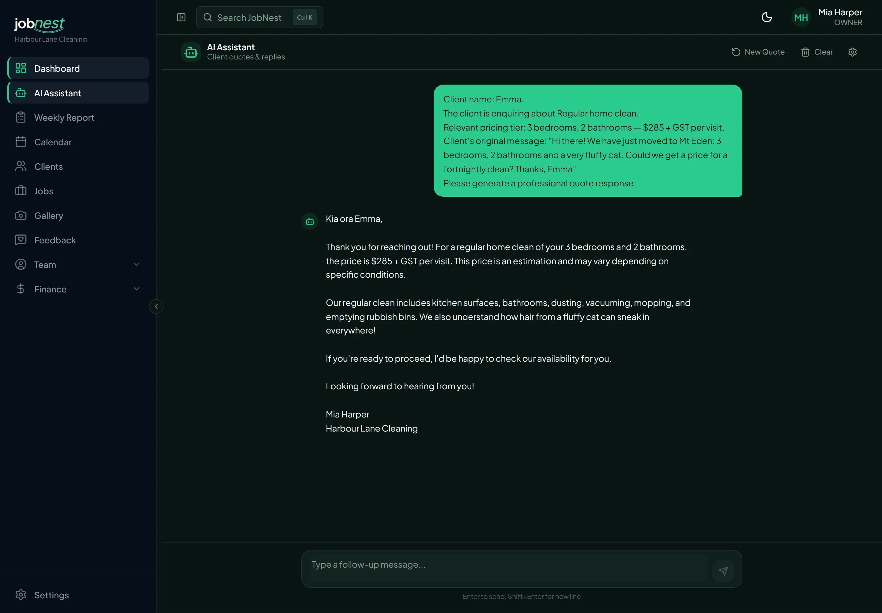 The JobNest AI Assistant: a client asking about a fortnightly clean for a 3-bedroom home and the quote it wrote from the price list, ready to copy.