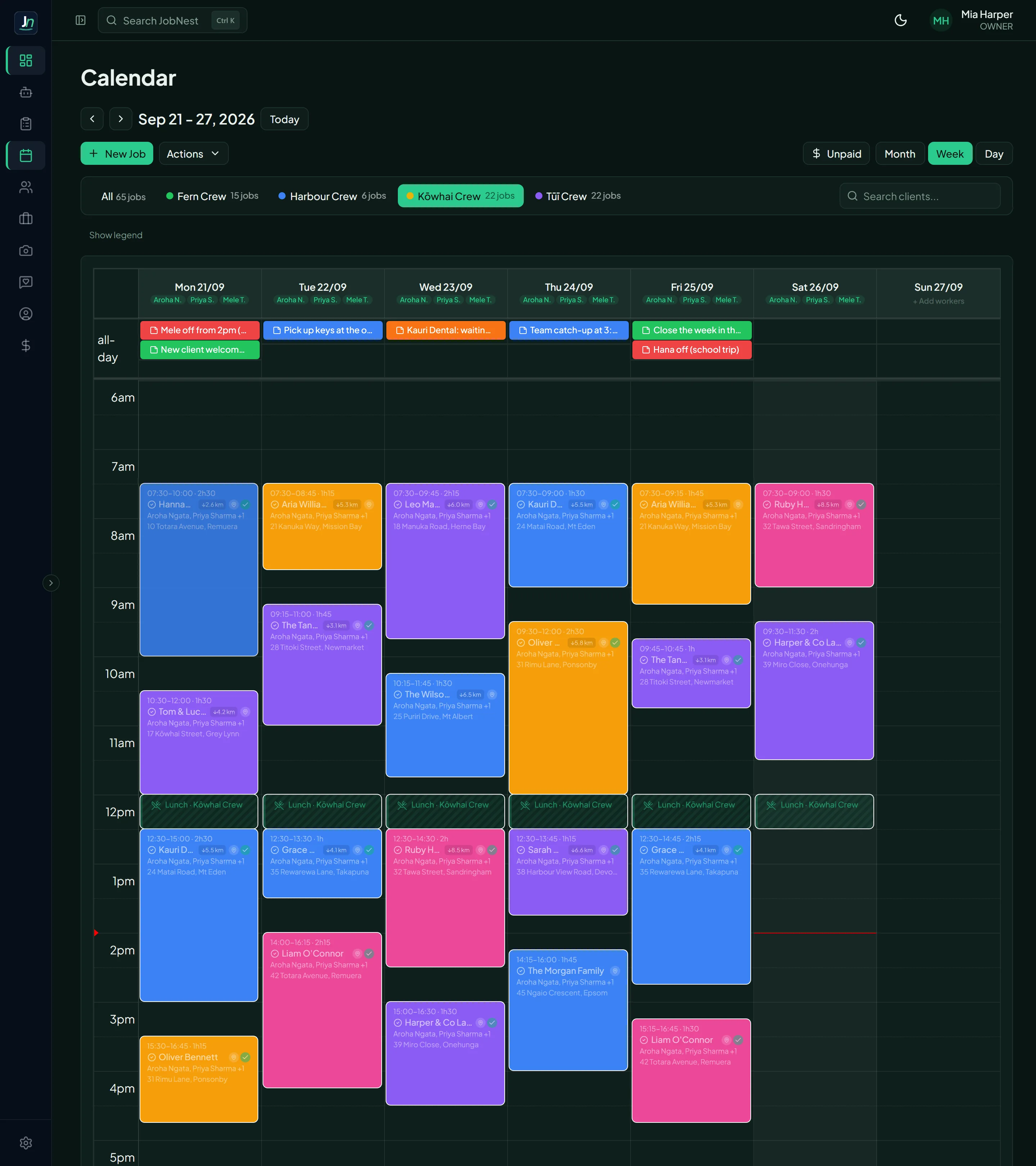 JobNest calendar in week view for one crew: every visit from Monday to Saturday with its time and the distance to the next home, day notes at the top and the crew under each day.