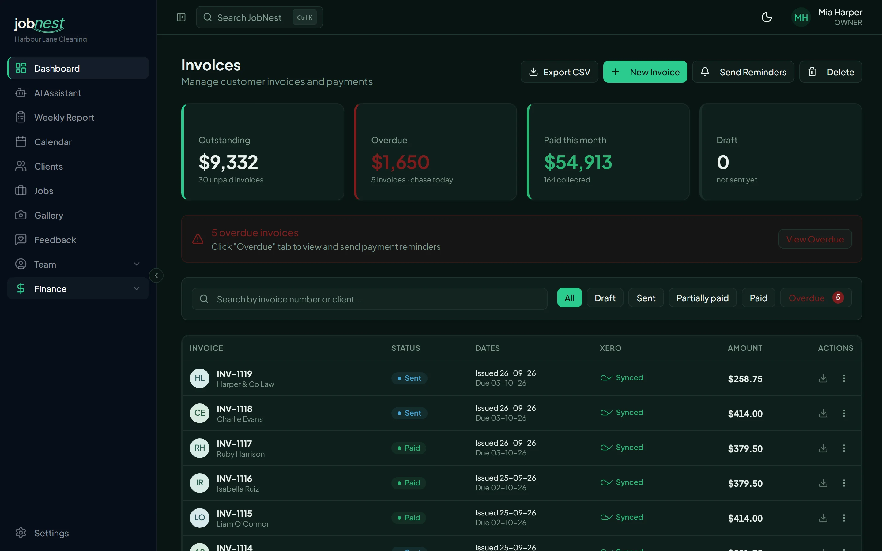JobNest invoices: what is outstanding, overdue and paid this month, and each invoice synced with Xero.