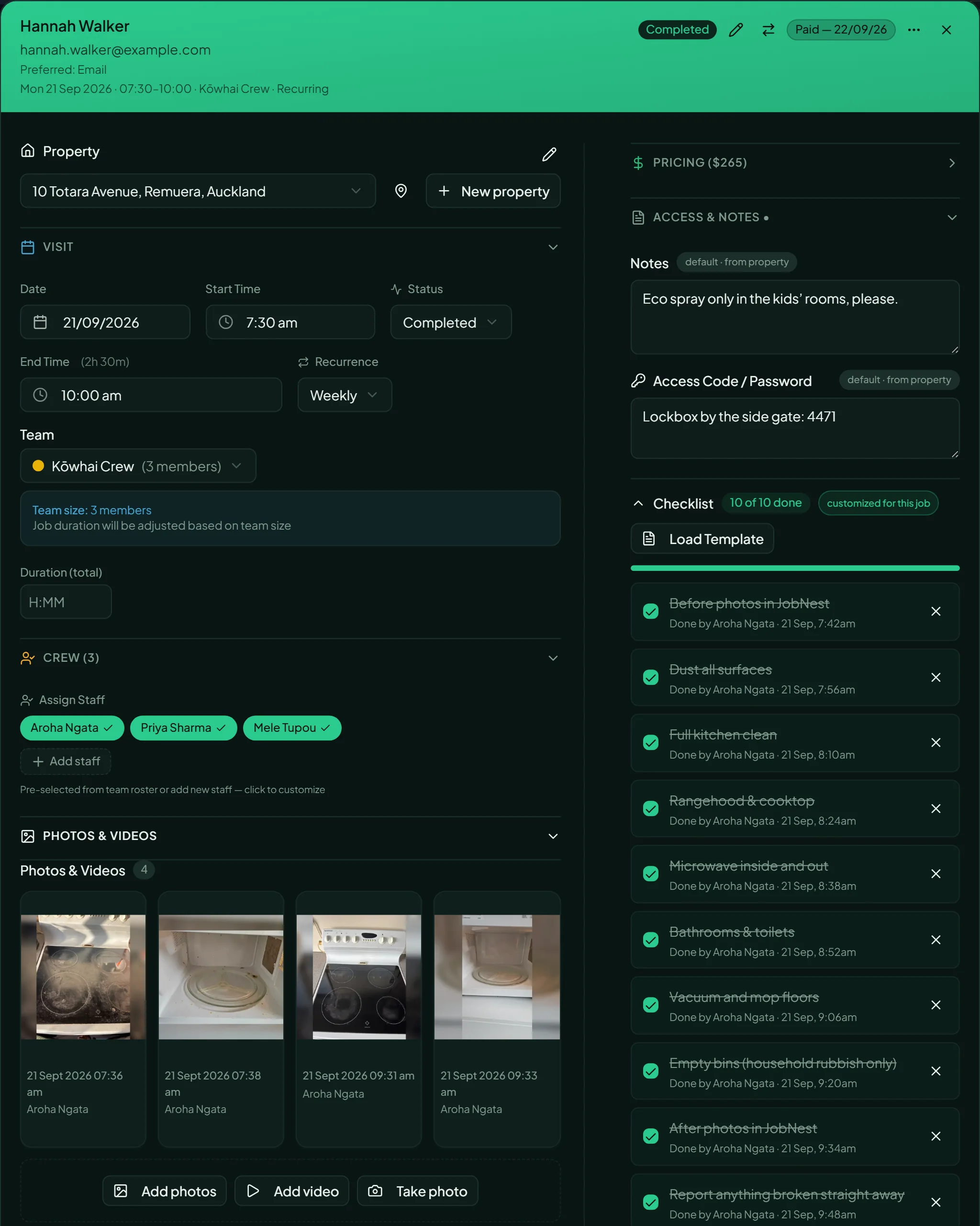 A completed visit open in JobNest: date, time and repeat schedule, the crew of three, before and after photos, the notes and access code for the home and the checklist ticked off by the crew.
