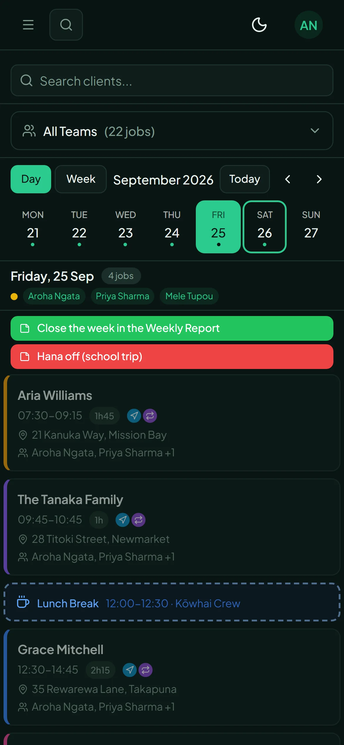 A cleaner’s day in the JobNest app on a phone: the day notes at the top, then each visit in order with its time, address and crew, and the lunch break.